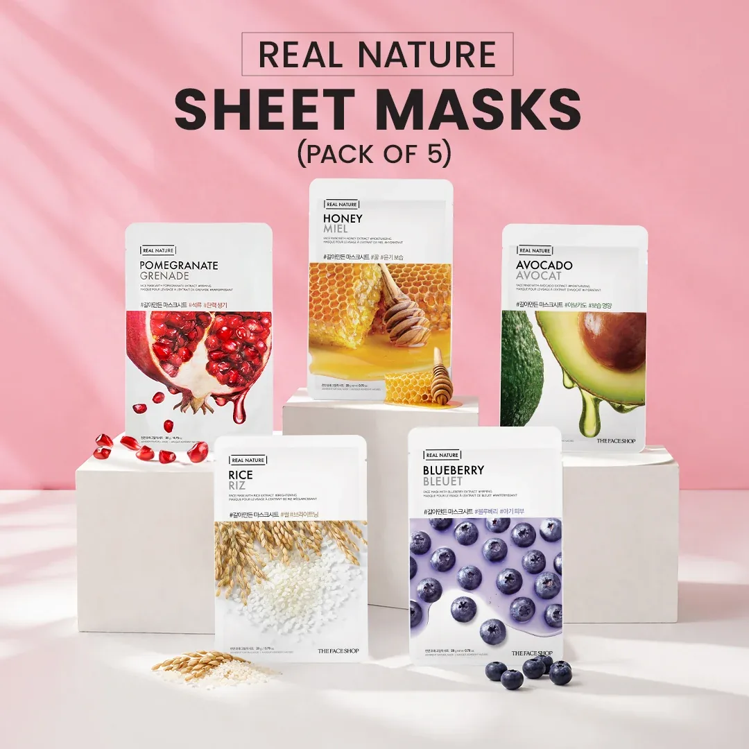 Real Nature Sheet Masks For Glow & Hydration - Pack of 5